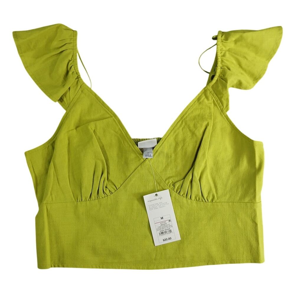 A New Day Crop Top Womens Medium Green Stretch Flutter Sleeve V Neck Cotton NWT